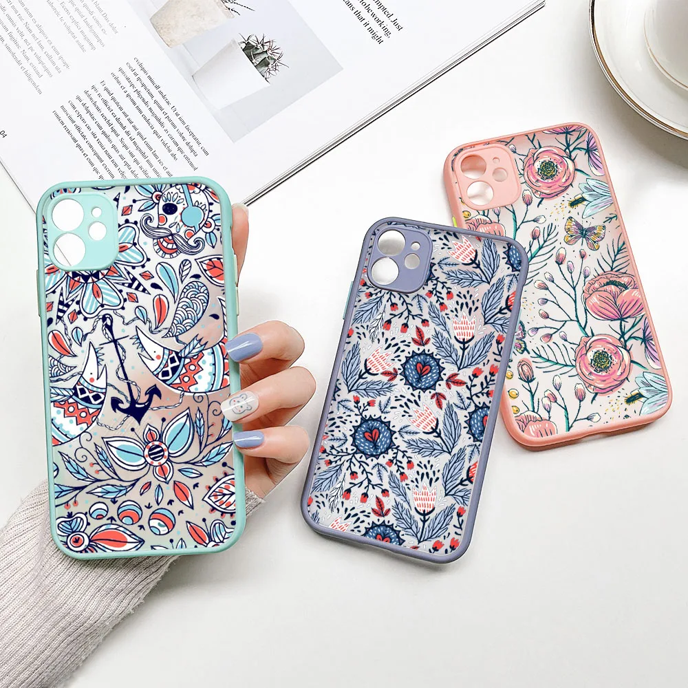 

Flower Matte Phone Case For iPhone 11 12 13 Pro Mini X XS MAX XR 7 8 Plus 6 s SE 2020 2022 iPhone11 Soft Bumper Hard Back Covers