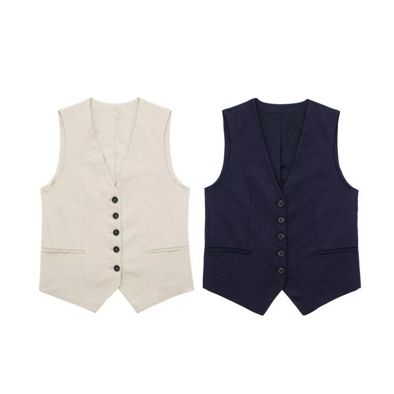 

Женский Универсальный облегающий Топ без рукавов, летний однобортный льняной топ с V-образным вырезом