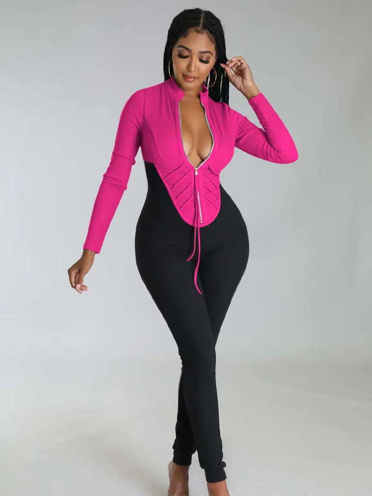 

Женский комбинезон на молнии, Облегающий комбинезон контрастных цветов в стиле пэчворк с длинным рукавом и брюками-карандаш с высокой тали...