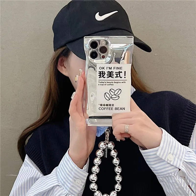 

Coffee Bean Luxury Silver Bead Chain iPhone 14 Pro Max Case For iPhone 13 12 Pro Case Protection Soft Case iPhone 13 11