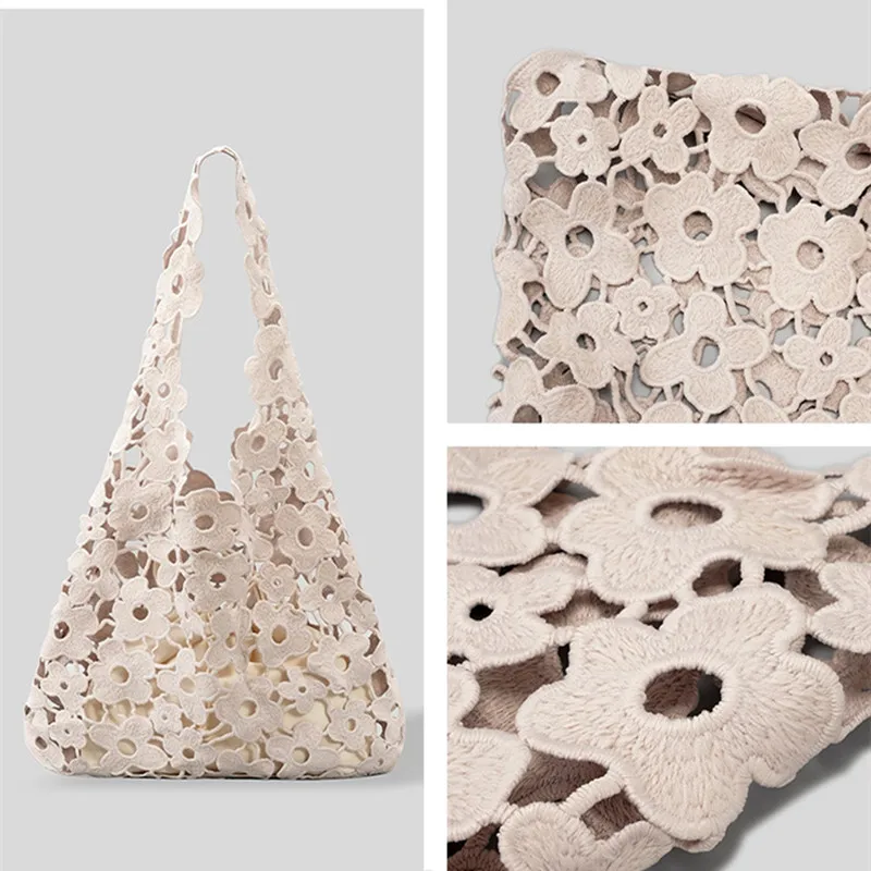 2023 Summer New Hollow Cotton Linen Women's Bag High Quality Flower Woven Handbag Simple One Shoulder Underarm Bags Sac A Main