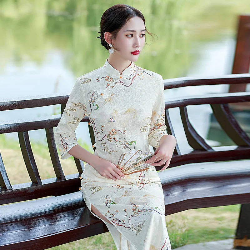 

Sheng Coco Cheongsam Long Sleeves Slit Silk Qipao Dress New Chinese Style Walking Show Elegant Dresses Oriental China Chipao
