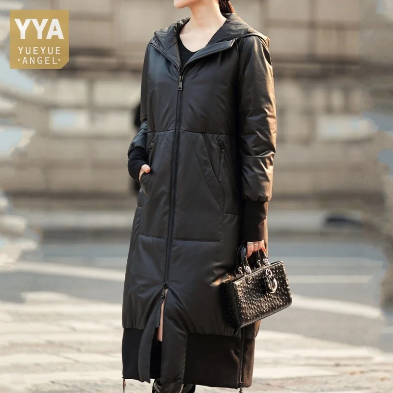 

Streetwear Casual Hooded Down Coat Women Genuine Leather Overcoat Black Sheepskin Coats Thick Warm Windbreakers Long Jackets