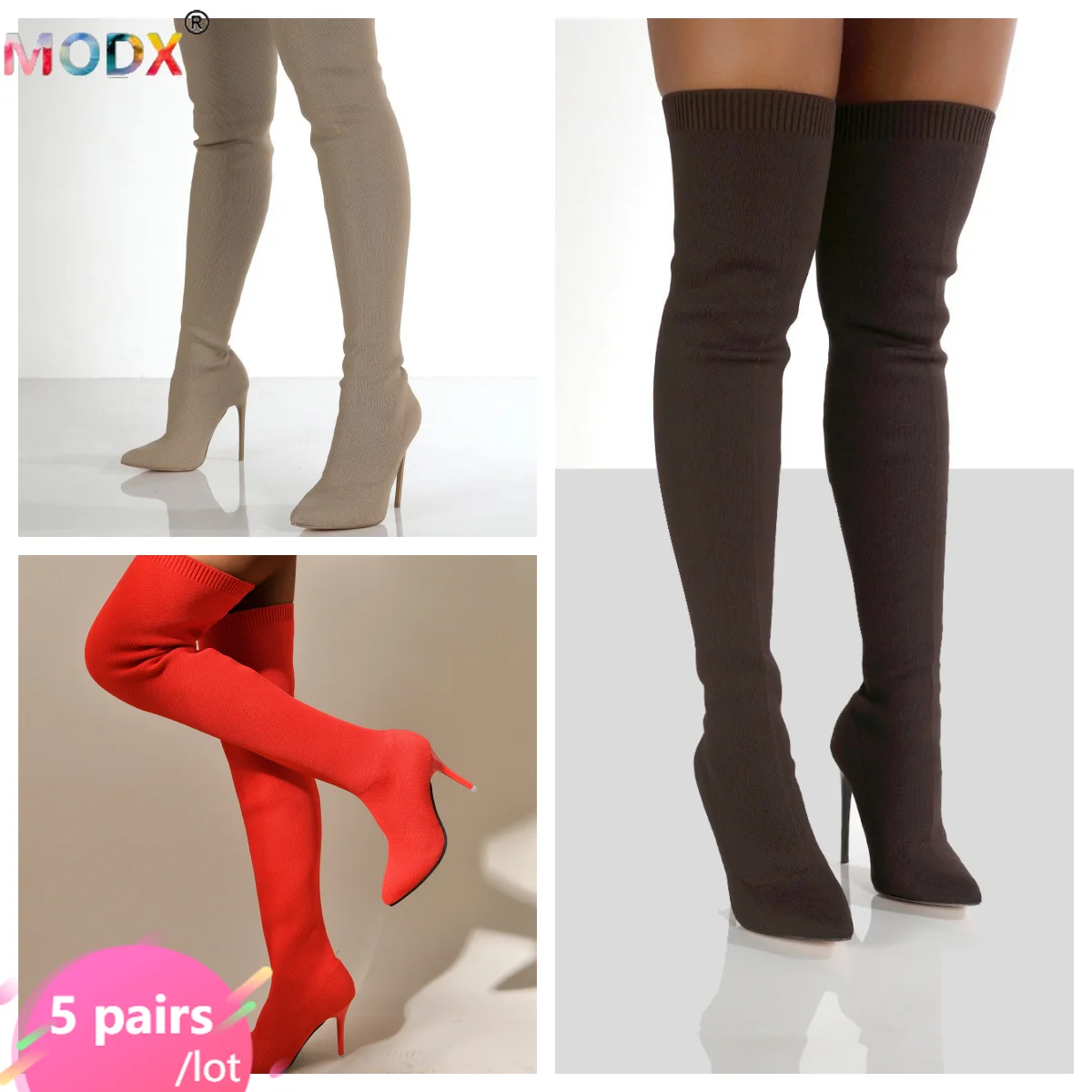 

5 Pairs Wholesale Over The Knee Boots Women Sexy Elastic Point Toe Lady Shoes Thin High Heels Plus Size Knit Socking Botas 8874