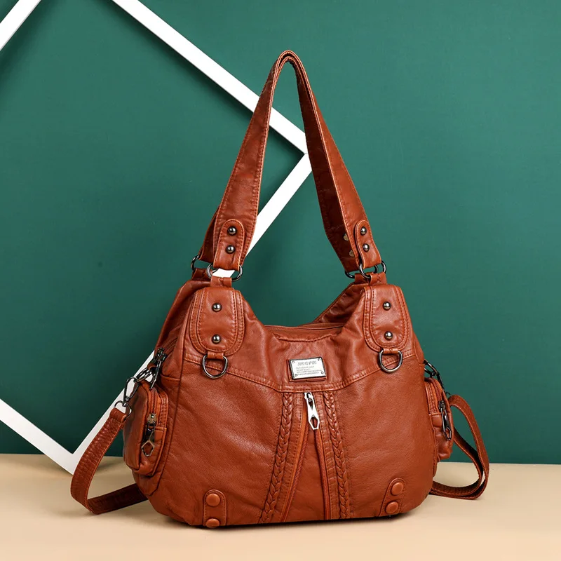 

New Soft Leather Middle-aged Women Backpack Practical Single Shoulder Crossbody Bag Washed Leather Women Bag Shoulder Bag