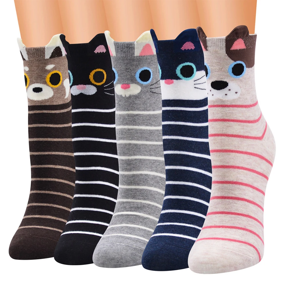 12pairs/Lot Women Combed Cotton Fashion Striped Animal Cat And Dog Pattern Cartoon Casual Middle Tube Knit Socks Christmas Gift