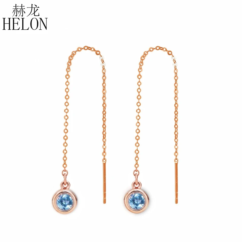 

HELON Round 3mm Solid 18K Rose Gold AU750 Genuine sky blue topaz Engagement Earrings for Women Fine Jewelry Best Gift