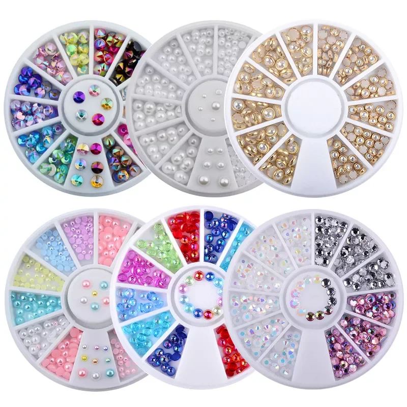 

1 Box Mix Sizes 3D AB Rhinestone Crystal Glitter Bead Pearl Wheel Nail Art Tips Jewelry Decoration DIY Manicure Accessories Tool