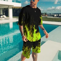 2022 summer new shorts flame print suit milk silk summer short sleeved t shirt cool casual suit