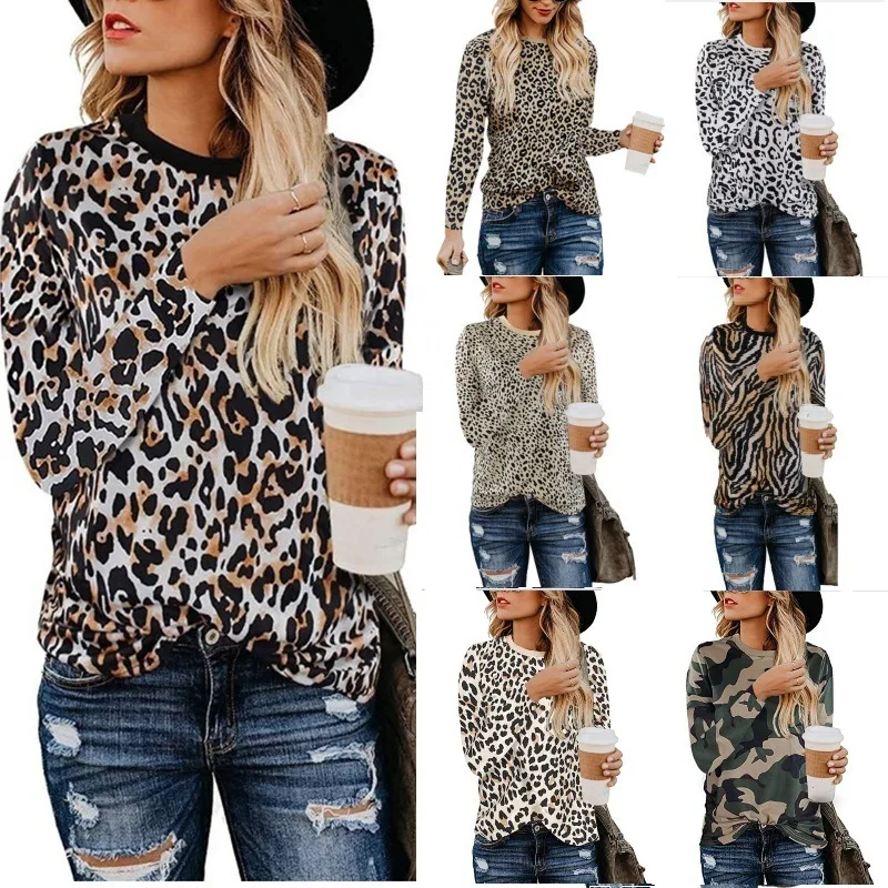 

2022 Fall New Leopard Print Women's T-Shirt Crew Neck Long Sleeve Top