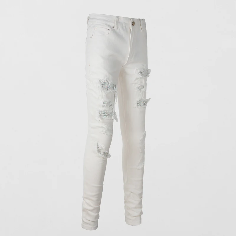 Streetwear Fashion Men Jeans White Color Stretch Slim Ripped Jeans Men Hole Trousers Patch Designer Hip Hop Brand Pants Hombre
