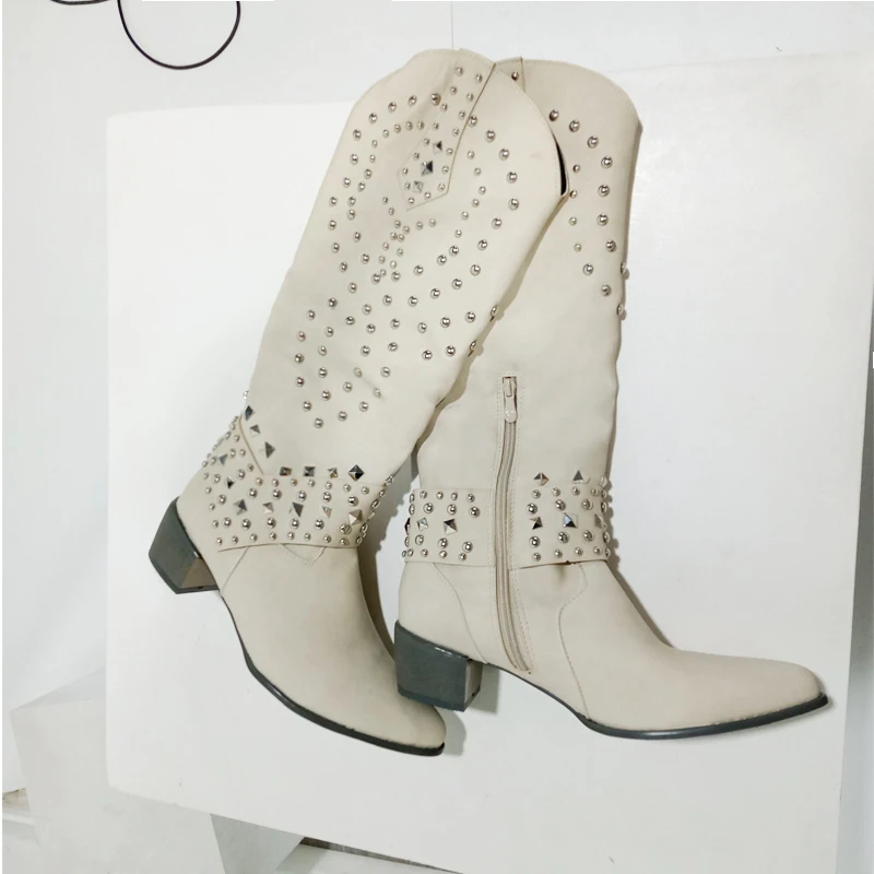 Western Cowboy Boots For Women 2022 Winter Chunky Heel Fashion Rivet Pointed Toe Knee High Boots Female Shoes Plus Size 43