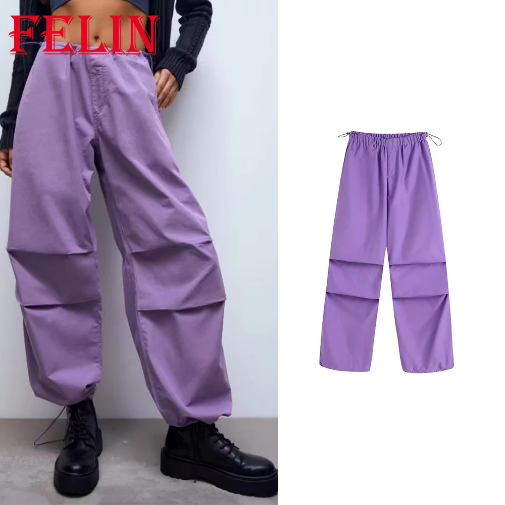 

TRAF 2022 Woman Purple Long Cargo Pants Straight Pockets High Waist Woman Leather Trousers Zipper Chic Female Trousers