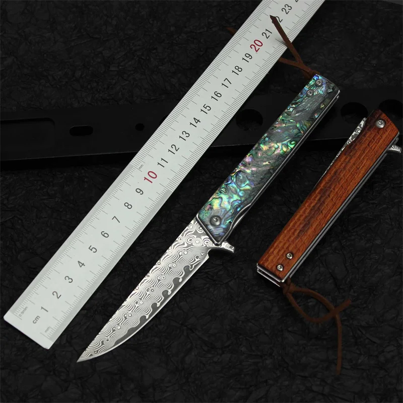 

Mini Portable Damascus Knife Color Shell Handle Outdoor Knife Wooden Handle Exquisite Collection Folding Knife BBQ Knife 1 Pcs