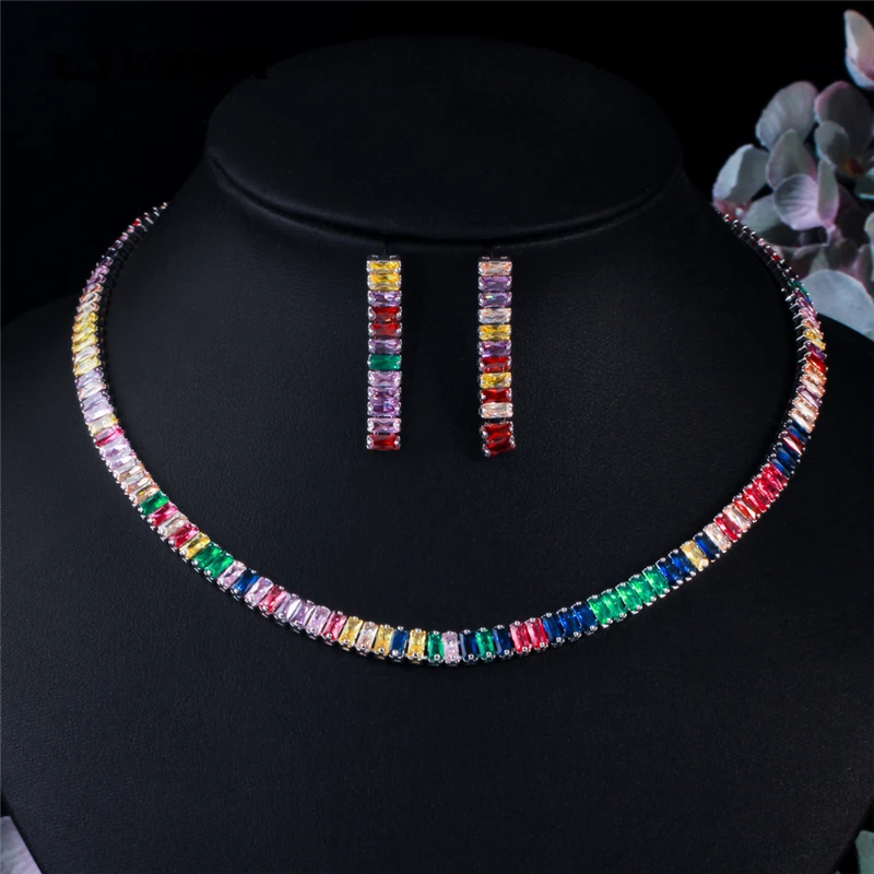 

2022 European And American Simple Lridescent Zircon Necklace And Earrings Aesthetic Jewelry Sets For Women Free Shipping Items