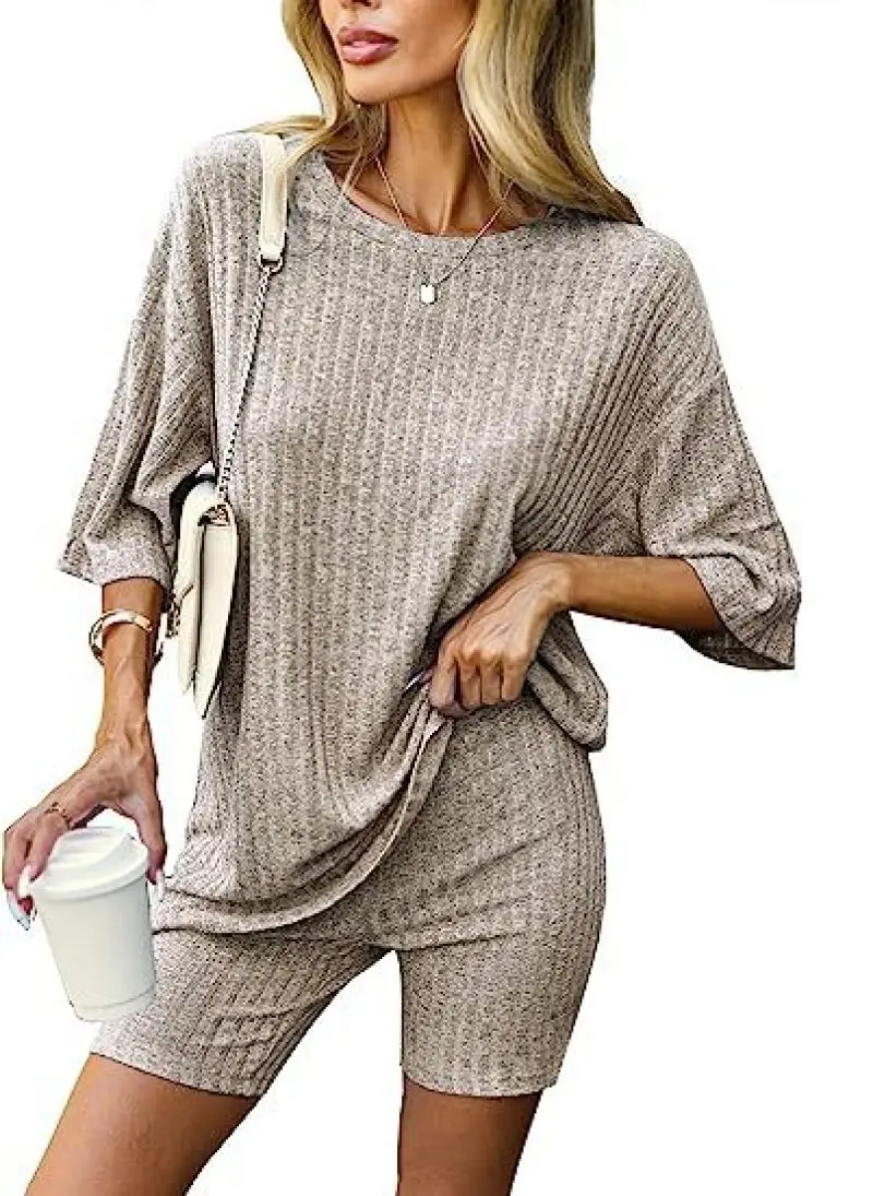 Womens Pajamas Set Pyjamas 2 Piece Lounge Sets Ribbed Knit Matching Outfits T-shirt Biker Shorts Sleepwear Loungewear Sweatsuits
