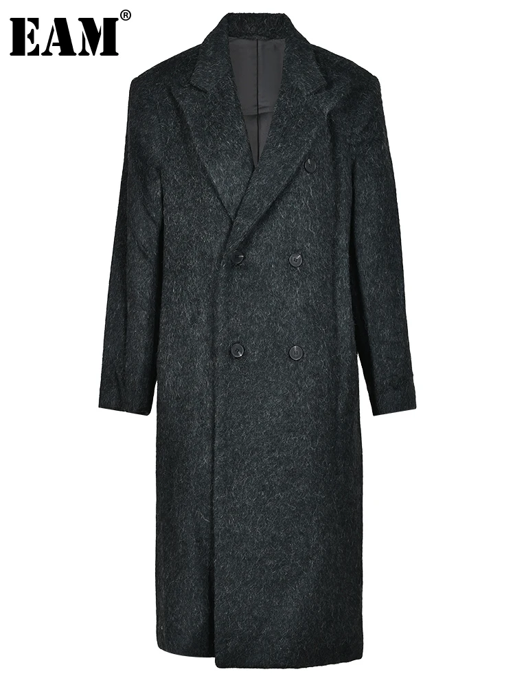 

[EAM] Loose Fit Gray Big Size Warm Long Woolen Coat New Lapel Long Sleeve Women Jacket Fashion Tide Autumn Winter 2023 CPG0365