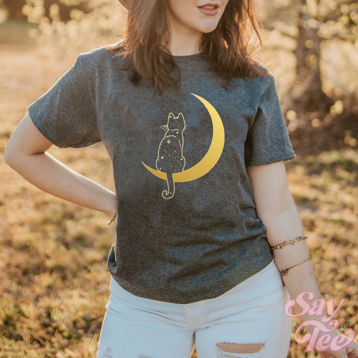 Женская футболка с рисунком мистической Луны и кота хлопковая Футболка
