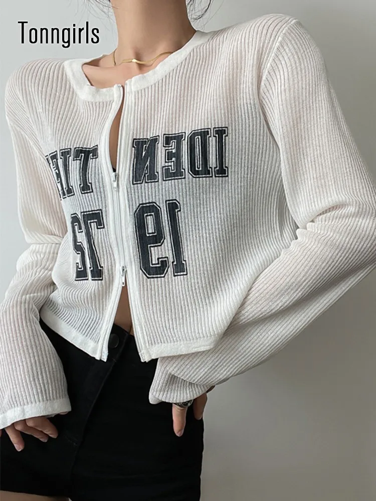 

Tonngirls Letter Printed Woment-shirt Loose Stretch Long Sleeve Zippper Crop Tops Y2k Grunge Tops Streetwear Casual Jumpers 2022