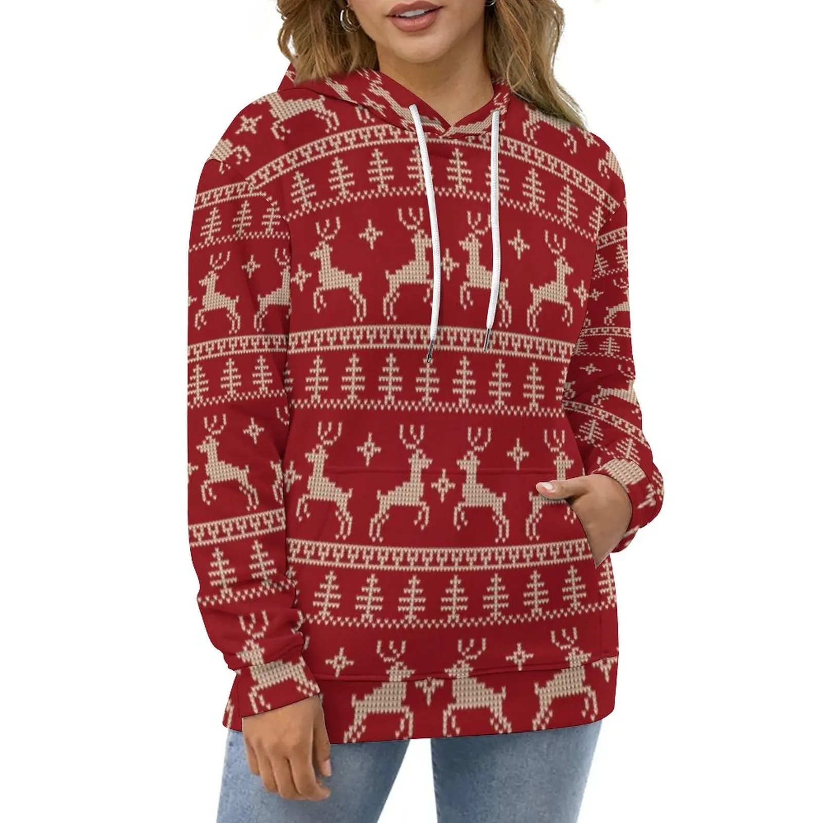 

Christmas Nordic Animal Casual Hoodies Fair Isle Red Deer Trendy Graphic Loose Hoodie Long Sleeve Street Oversized Sweatshirts
