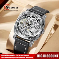 shuorui brand automatic mechanical watch hollow out design leather strap mens watch waterproof business casual luxury watch