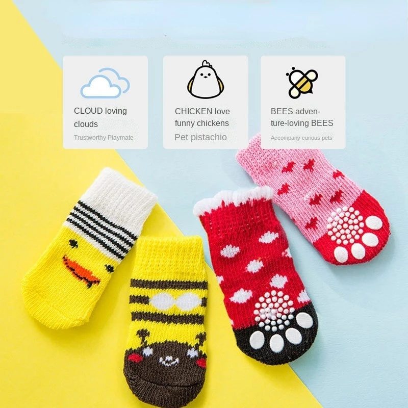 

4Pcs Winter Anti-Slip Pet Dog Socks Small Cat Dogs Knit Warm Socks Chihuahua Thick Paw Protector Dog Socks Booties Accessories