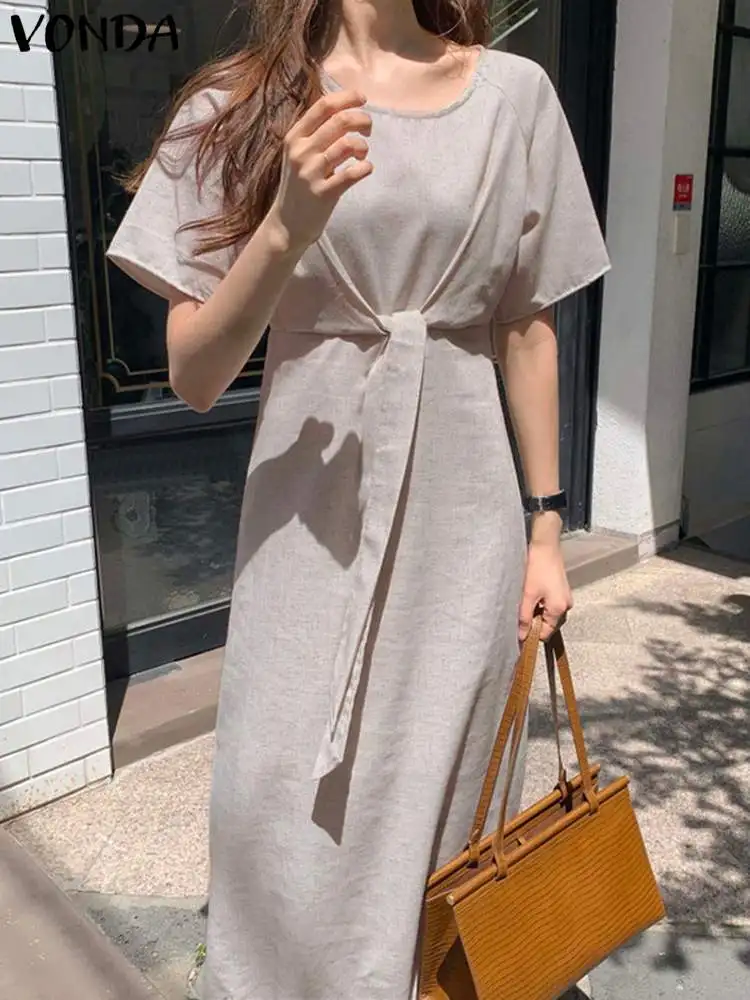 Femme Elegant Sundress 2022 VONDA Women Summer Dress Beach Robe Sexy Short Sleeve Party Midi Dress Femininas Vestido