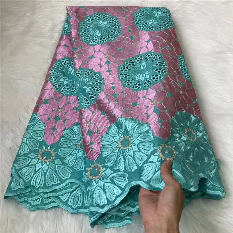 

5 Yard Swiss Fabric Latest Heavy Beaded Embroidery African 100% Cotton Voile Lace Popular Dubai Style For wedding Party 2705L002