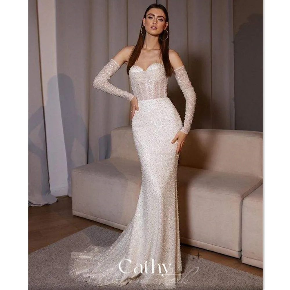 

Sequins Mermaid Wedding Dress With Sleeve Glitter Trumpet Bride Gown Sweetheart Robe De Mariée Shiny Fishtail Vestidos De Novia