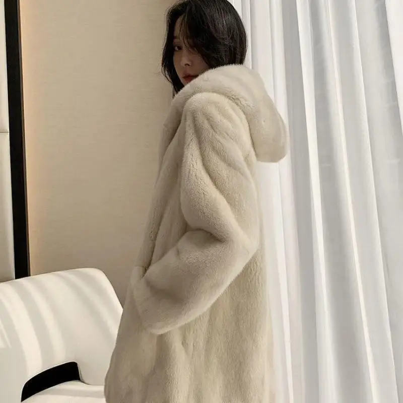 Women's medium long hooded fur coat