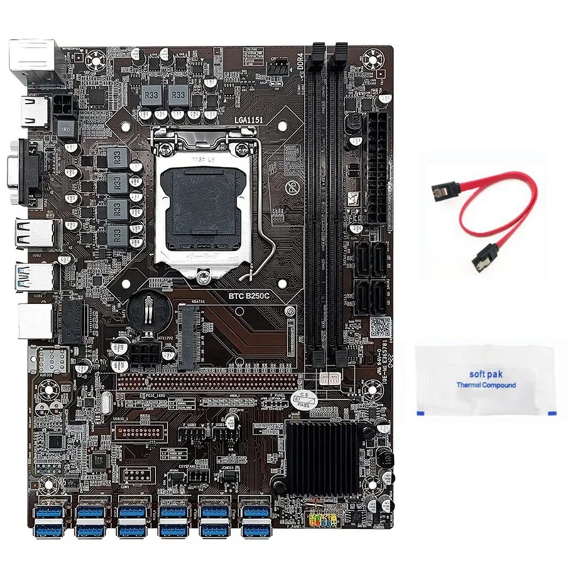 

B250C BTC Mining Motherboard+SATA Cable+Thermal Grease 12XPCIE To USB3.0 GPU Slot LGA1151 For BTC Miner