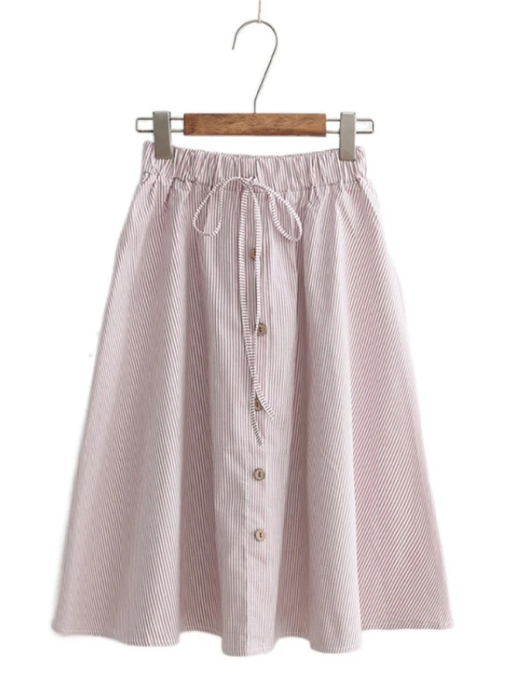 

Striped Cotton High Waist Casual Women A-line Skirts 2022 Spring Vintage Korean Fashion Ladies Daily Bottom