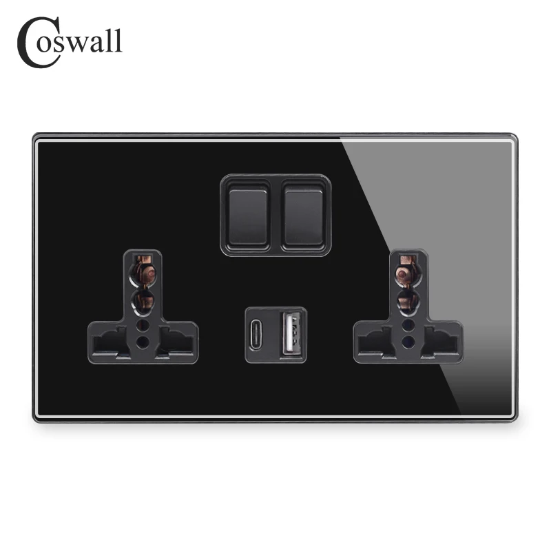 

USB-порт быстрой зарядки COSWALL PD 18 Вт Type-C,QC3.0 Type-A, стеклянная панель, двойная универсальная розетка питания с заземлением, 146*86 мм