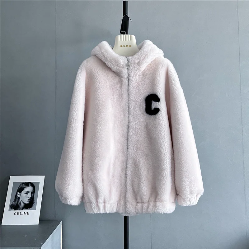 

Genuine luxury C standard solid color hooded sheep fleece Women's lamb fur one short 2023 young coat winter thick