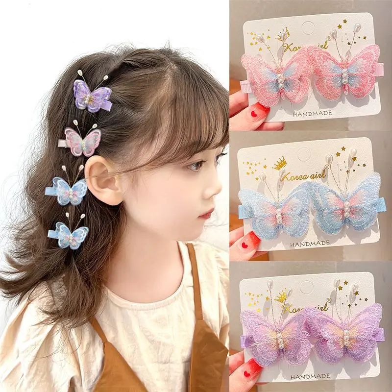 

2Pcs/Set Fashion Korean Embroidered Butterfly Pearl Duckbill Clips Baby Girl Bows Hair Pins Barrettes Headwear Accessories Gift