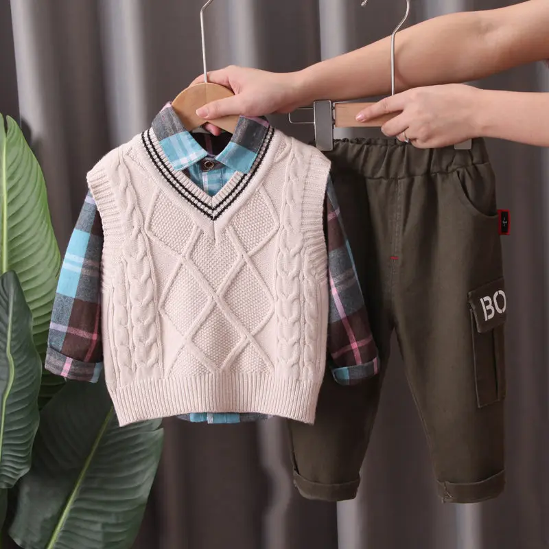 

3 шт./комплект, детский клетчатый свитер и штаны