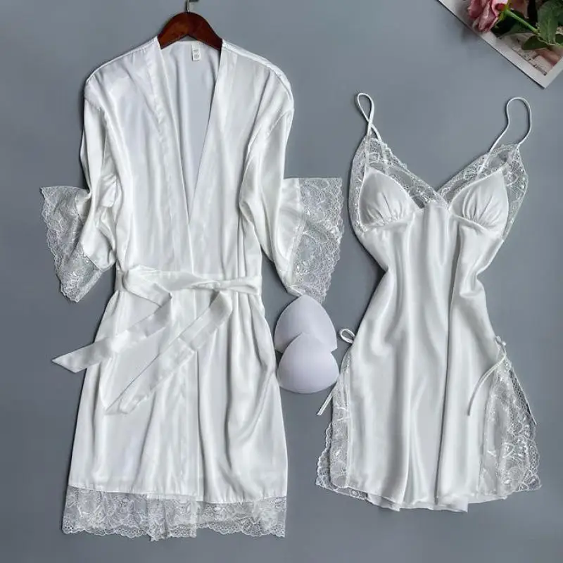 

Patchwork Lace Kimono Bathrobe Gown Sexy White Wedding Robe Nightgown Two-piece Set Spring Summer Women Sleepwear Loose Homewear