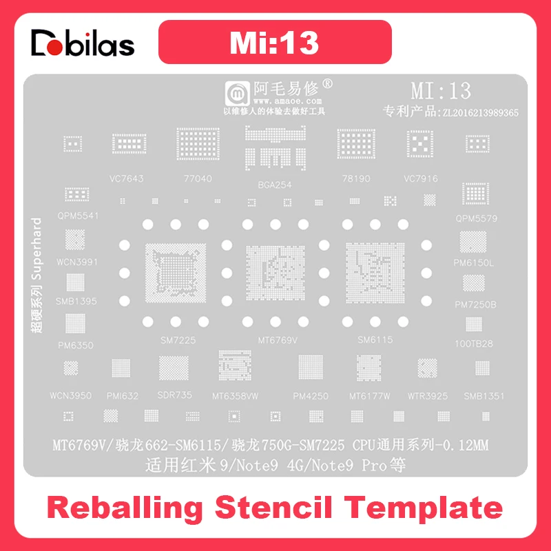 

MI13 BGA Reballing Stencil For Xiaomi Redmi 9 Note9 CPU PM6350 PM4250 SM7225 MT6769V MT6358VW PM7250B WCN3991 77040 78190 PA IC