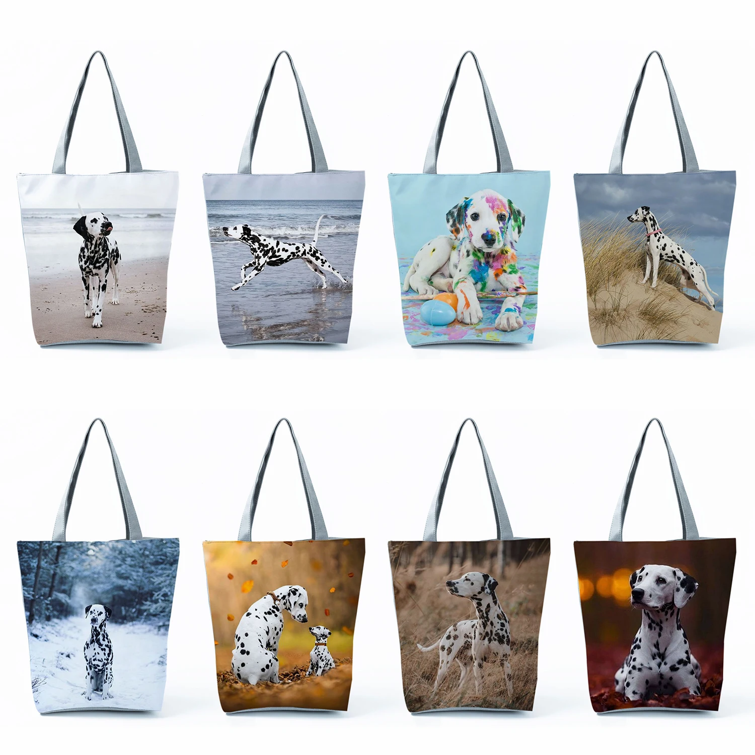 

Dalmatian Print Handbag Eco Reusable Custom Shopping Bags Beach Tote High Capacity For Women Black White Zebra Dog Shoulder Bag