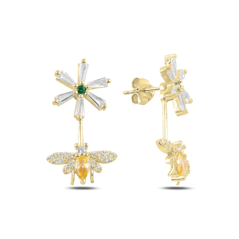

Silver 925 Sterling Bee & Flower Zircon Stone Earrings
