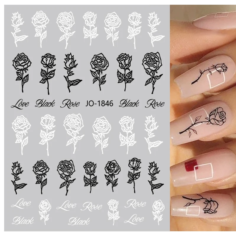 

1PC Black White Flower 3D Nail Stickers Vintage Rose Floral Leaves Nail Decals Self Adhesive Sliders Paper Nail Art Decorations