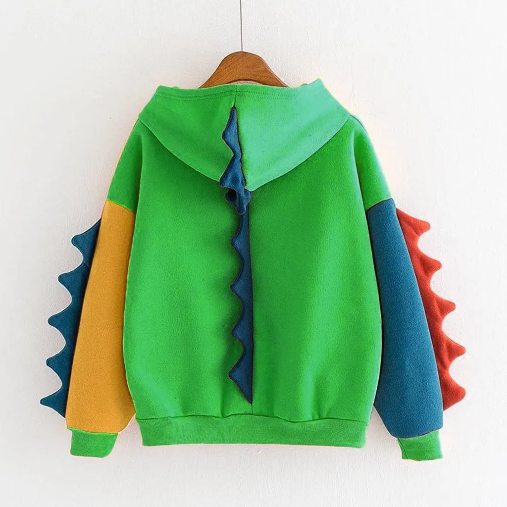 

Kawaii Splice Sleeve Dinosaur Sweatshirt Hoodies For Teen Girls Color Block Hooded Drawstring Harajuku Hoody Clothes Sudaderas