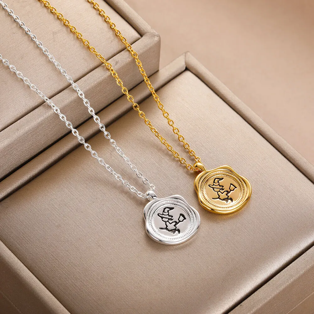 

Magic Dog Witch Necklace Cartoon Stainless Steel Pendant Necklace For Women Seal Choker Witchcraft Accessory Fairy Moon Jewelry