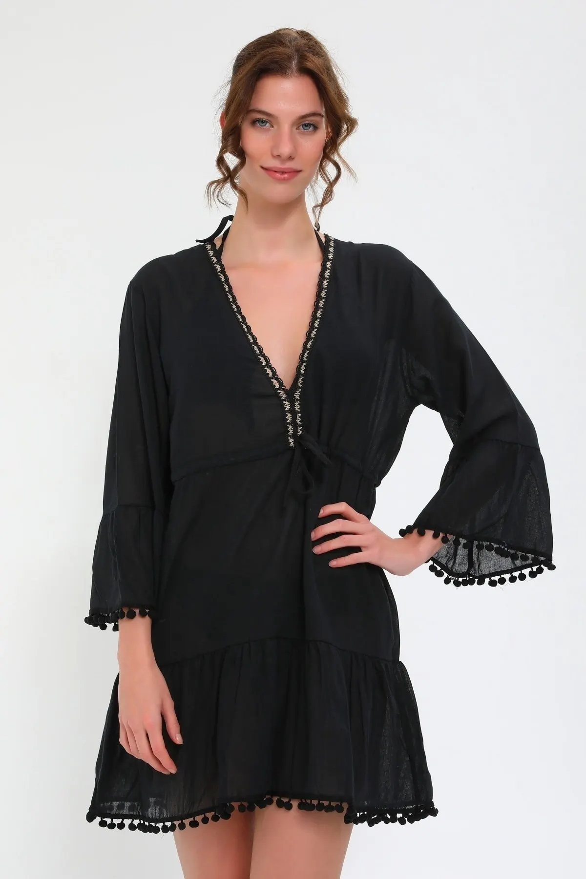

Women's Pareo Black Beach Dress Swimwear Cover Up Dress Sexy Tunic Suit Beachwear Female Beach Bikini Cover Loose Mini Dress