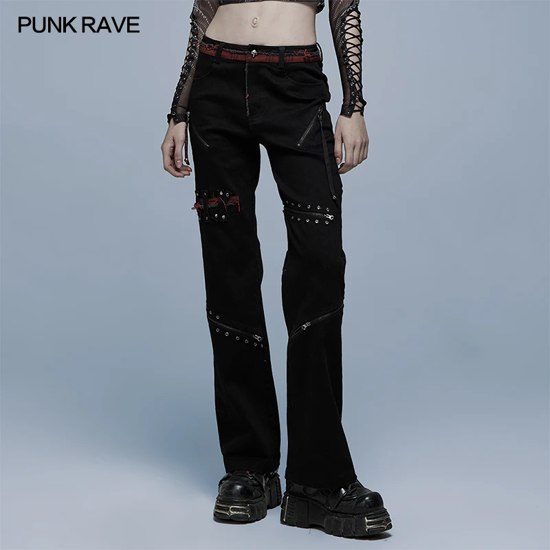PUNK RAVE Women's Stylish Punk Elastic Denim Black Red Straight Pants Decadence Trousers Leg Zipper Can Be Opened Spring Autumn