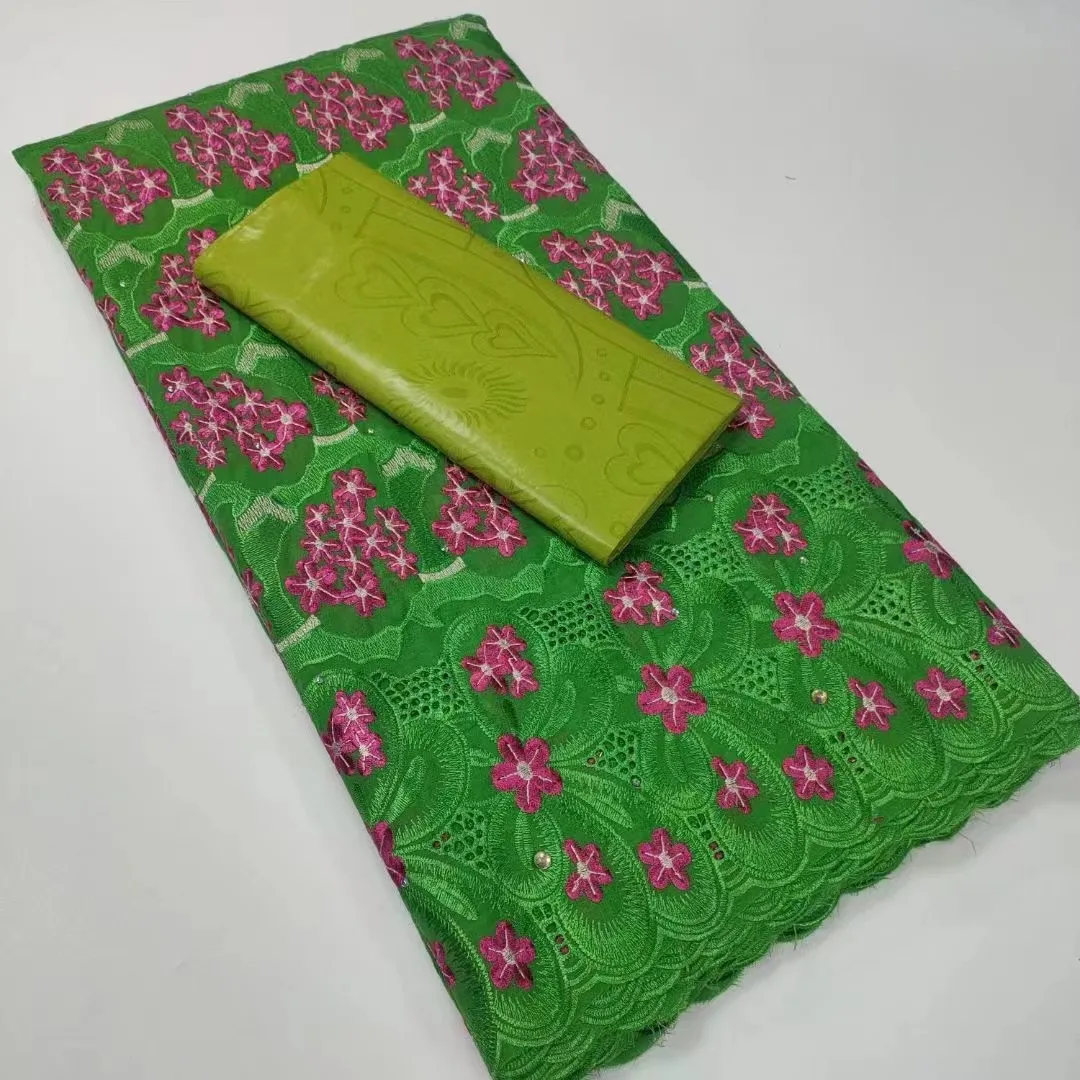 

Green African Swiss Voile Lace Fabric 2.5Yard Cotton+2.5Yard Bazin Embroidery Small Purple Flowers Accessories for Party WTYC22