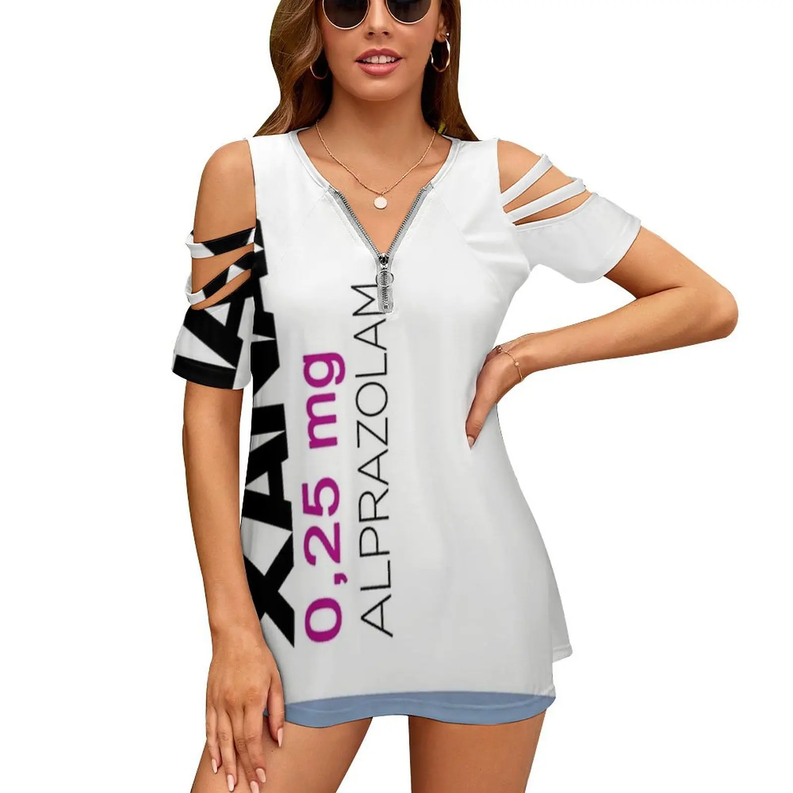 

Xanax Women Zipper Sexy Printed Vintage T Shirts Tops Full Print T-Shirt Xan Alprazolam Drug Medecine Chemist Chemistery