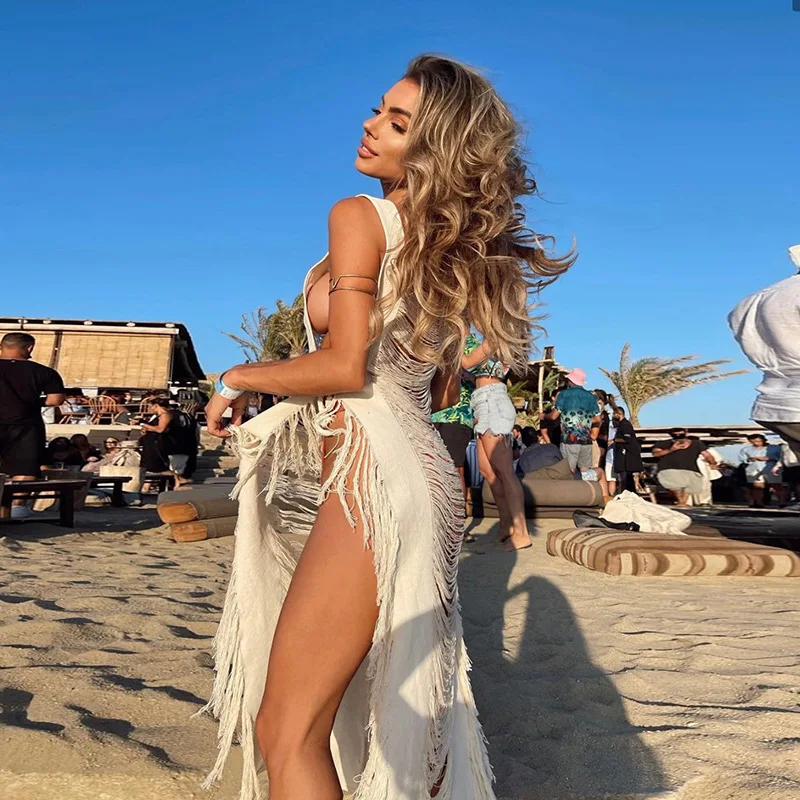 

New Knitted Beach Cover Up Women Bikini Swimsuit Cover Up Hollow Out Beach Dress Tassel Tunics Bathing Suits Cover-Ups Beachwear