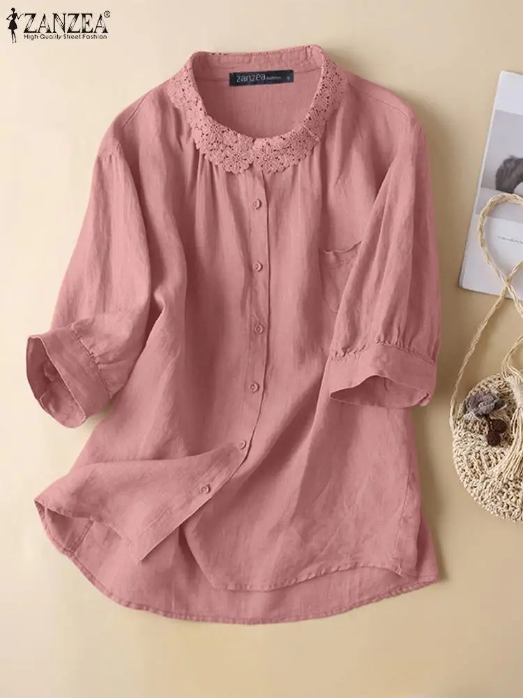 

Women Short Sleeve Shirts 2022 ZANZEA Loose Button Up Shirts Casual Solid Casual Stand Collar Blouse Tops Tunic Oversized Wears