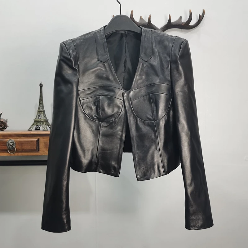 

2022 Spring fall women real sheepskin leather short jackets v-neck cardigan casual slim leather coat B66